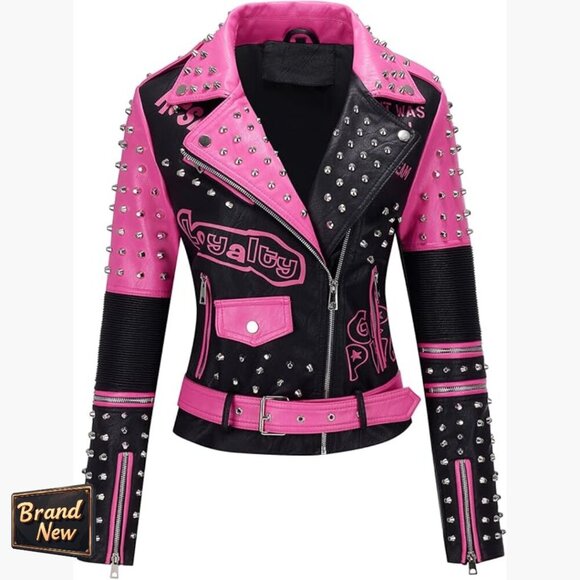 Jackets & Blazers - Faux Leather Moto Jacket with Studded Rivets, Belted Hip-Length Streetwear
